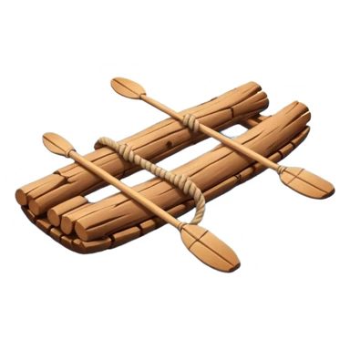 showing a simple wooden raft floating on calm blue water — made of several brown logs tied together with rope — gentle ripples around it — bright, cheerful lighting and soft shadows — minimalist, clean emoji design sticker
