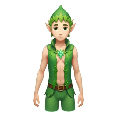 elf male wading in shallow tide pool, palm emitting soft green light to heal glowing coral, practical open vest over bare chest, determined gaze, pointy ears, vibrant underwater plants, centered emoji, nature guardian summer sticker