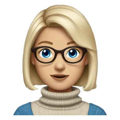 White girl wearing turtleneck with blue eyes, brown bob ends curled, and glasses sticker
