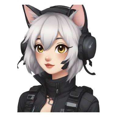 Gorgeous dark techwear anime style anthro cat with blushing face aesthetic and pretty edgy black with collar and harness trending style sticker