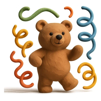 bear with swirly streamers around in claymation style sticker