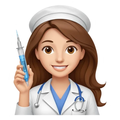 Enfermera feliz con pelo largo cafe y una inyeccion sticker