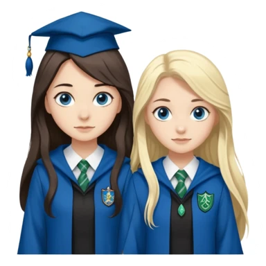 a pretty ravenclaw girl with long dark brown hair and blue eyes standing with a pretty Slytherin girl with long blonde hair, blue eyes sticker
