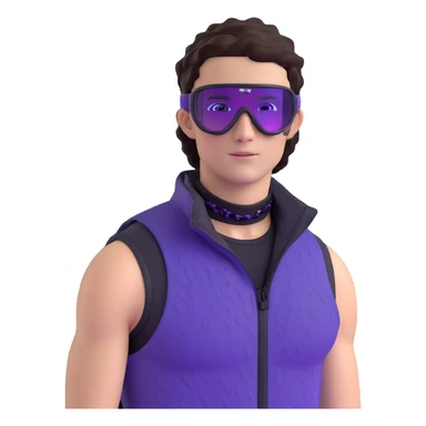 close-up of male athlete with white skin and moderately curly dark brown hair on top with shaved sides, wearing ski goggles with purple frames and very dark black lenses, a simple plain black chain necklace, and a completely unzipped sleeveless vest with purple and black sequin fire pattern design with no logo, with an arrogant smug smirk on his face, looking confident and cocky sticker