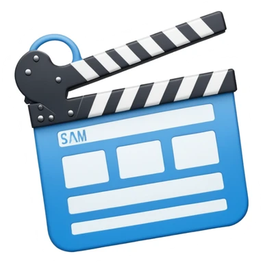 ultra simplified movie clapper with blue and white colors, two simple rectangles with a diagonal line sticker