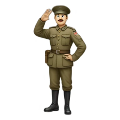 A man in a soldier suit from world war one raising their right hand vertically to around 45 degrees. His arm is stretched out, not bent at all. and his face is shown sticker