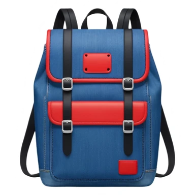 Minimalist emoji-style icon of a stylish blue denim backpack with a flap top, two vertical black buckle straps, a large red-white-navy horizontal block in the center, and two zipper side pockets. Inspired by Tommy Jeans design. Front view, cartoon-like, clean design.

 sticker