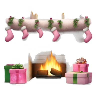 A cozy white brick fireplace with pink Christmas decor sticker