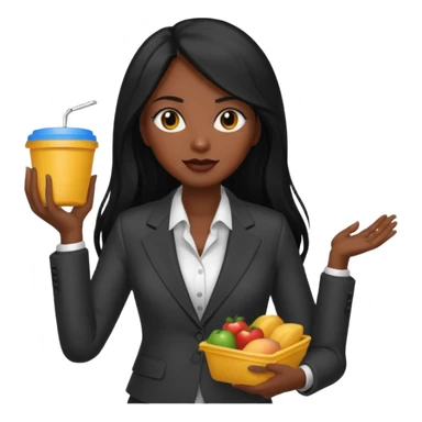 dark long haired woman with suit holding food container sticker
