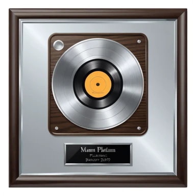 A platinum music award plaque: a square, polished platinum plate with a subtly textured, mirror-like finish, mounted on a simple dark wood base. The center features a relief of a or stylized vinyl record in a slightly darker metallic tone.  sticker