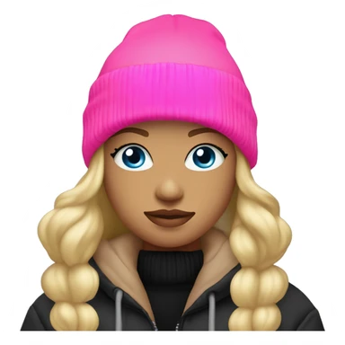 Blond girl blue eyes black hoodie brown puffer jacket neon pink nitted beanie  sticker