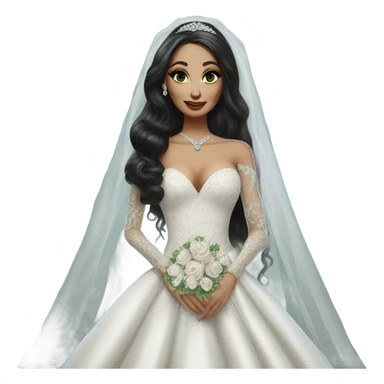 Hyper Realistic ornate ballgown long sleeve Wedding dress with diamanté on Russian bride with pale skin and green eyes and long black hair with veil and diamond jewelry hyper realistic  sticker