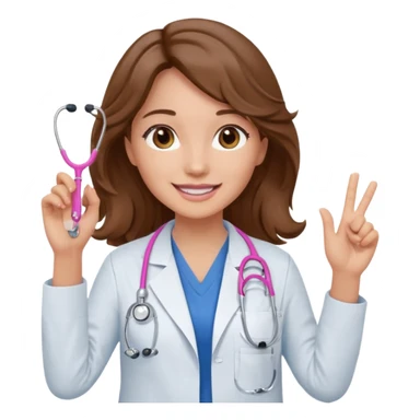 Barbie like emoji of a white woman with brown eyes and long wavy brown hair wearing blue scrubs, white lab coat, pink stethoscope, and raising one hand and a warm smile sticker