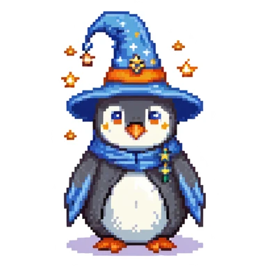 penguin wizard wearing a blue robe and starry hat sticker