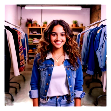 A young 25-year-old Latina entrepreneur with long, wavy hair, brown eyes full of passion, and a friendly smile. She wears recycled boho-style clothing, with an intervened denim jacket and eco-friendly accessories. He is in a textile recycling workshop surrounded by reused fabrics, mannequins and sewing machines. The lighting is warm and inviting, with sustainable fashion sketches on the walls. Sofía is designing a unique garment, transmitting creativity and determination sticker