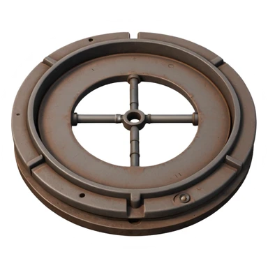 3D illustration of a manhole cover half-open with pipe access visible below, clean Pixar-like rendering, subtle shadows, slightly industrial look, not scary sticker