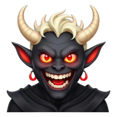 “Scary demon emoji, evil human-like laugh, black clothes, big curved horns, glowing red eyes, upper body visible till chest, dark mood, high detail, emoji style, clean background” sticker