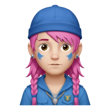 scout boy long hair face tatooes pink haired, wearing blue cap sticker