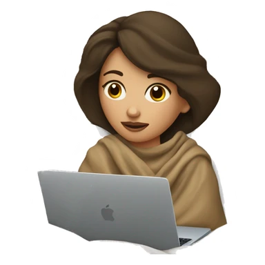 Brunette girl tucked in a blanket lying on the bed looking at the computer laptop apple sticker