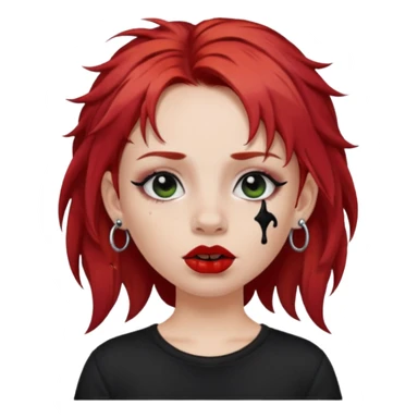 apple style emoji of a fair-skinned girl, messy red hair, black t-shirt, black lipstick, septum piercing, multiple ear piercings sticker