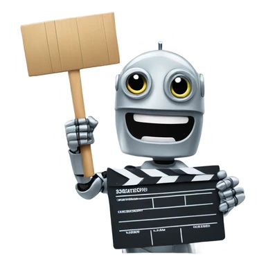 happy robot holding a clapboard sticker