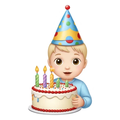 cute baby wearing birthday hat with birthday cake sticker