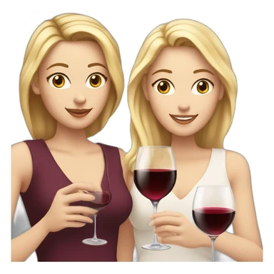 White woman with brown hair and brown eyes toasting with a red wine together with white woman with blond hair and blue eyes with red wine sticker