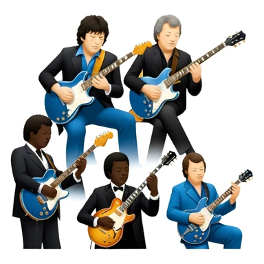 Icon for Blues Music: collage of legendary blues artists. Gary Moore, Eric Clapton, B.B. King and Joe Cocker. Represented by silhouettes or symbolic items like guitars, microphones, or music notes, reflecting the soulful energy of blues music. Transparent background. sticker
