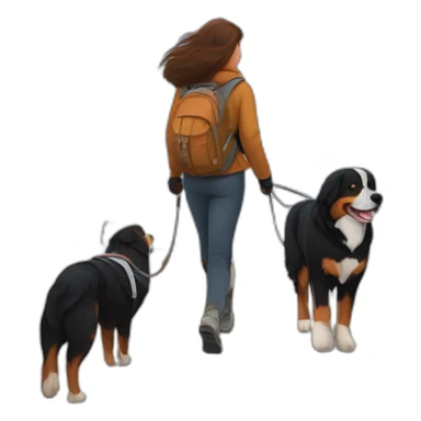 bernese mountain dog hiking with a woman with brown hairr in snow near a fjord sticker