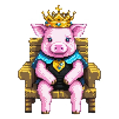 ultra-minimal pixel art pig with a golden crown sitting on a throne, blocky and square like Minecraft, inspired by Technoblade sticker