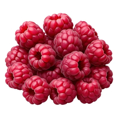 small cluster of whole dried raspberries with deep red to burgundy tones, wrinkled surfaces, hollow airy centers, matte slightly crisp texture, natural irregular shapes, no bowl or extras, soft lighting, subtle shadows, emoji scale sticker