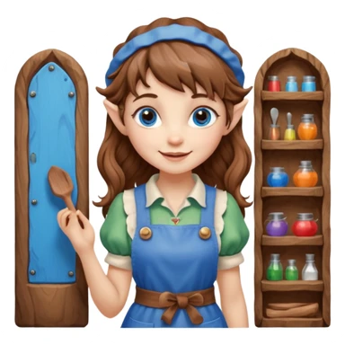 Kind happy whimsical quirky Girl toymaker, wood carving elf. Woodland creator. Blue eyes. brown hair (just below chin length) wavy hair & bangs. Whimsical playful cute sticker