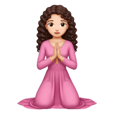A woman kneeling praying, in a long pink dress, long curly dark brown hair sticker