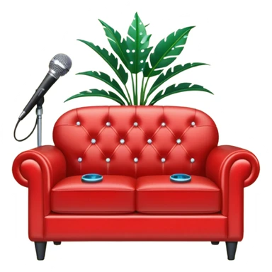 swanky red leather loveseat with a mic in front, plant in back, and sparkles sticker