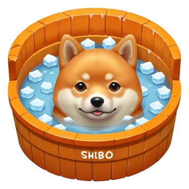 ice bath with a dog in id from wood round. write ice bath  on the ice bath and make it high quality. the dog is a shiba inu. the ice bath has a lot of ice and on the floor sticker