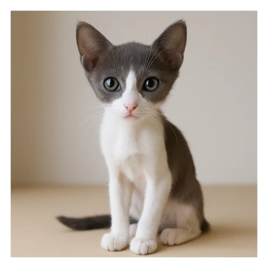 Make the kitten skinnier, keep the fur only gray on top with no stripes, white nose and underbelly, in a realistic style with lifelike details. sticker