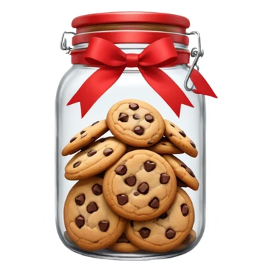 A chewy chocolate chip cozy cookie in an organized jar, saying "Cookie Jar" with some small illustrations on the jar to indicate there are cookies stored inside, a big red ribbon on the lid sticker