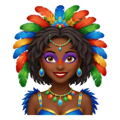 i need the same girl in "dark skin girl, dark red lipstick, nails very beautiful" to be smiling in "carnival mas costume, blue, green and orange preferably, full costume feathers at the back" she is to be smiling, hair should be dark shoulder length, black nail polish on her fingers  sticker