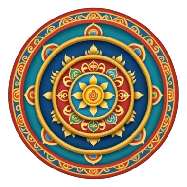 Tibetan Wheel of Life (Bhavachakra) emoji, traditional thangka-inspired, ornate patterns, symbolic animals in center, detailed outer rings, rich colors, simplified for emoji clarity sticker
