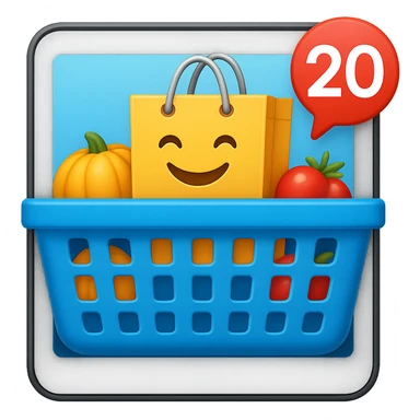 Create a high fidelity emoji style variant with smooth edges featuring a tablet instead of a monitor, keeping the shopping basket and emoji shopping bag as in the reference image. sticker