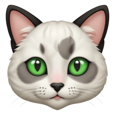Haz una gata de ojos verdes la cara blanca con mancha negra en las orejas que agarra parte de la frente del lado der pero del iz va desde el ojo hasta la oreja la mancha, tiene la nariz negra en forma de corazón y todo lo que sobra de la cara, barbilla la nariz arriba y el lado de bigotes es blanca sticker