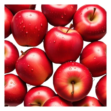 Cinematic crisp, shiny red apples, glistening under soft natural light, perfectly round with tiny water droplets, warm rich hues, highly detailed and fresh. sticker