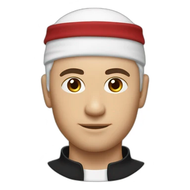 White man wearing black omani musar (head cover), with white top sticker