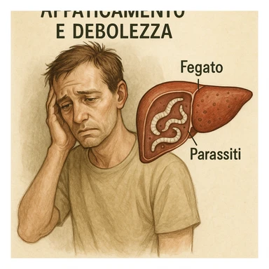 realistic medical illustration of a person looking fatigued and weak, with a stylized cross-section of the liver showing parasites, educational and respectful, with Italian labels, no explicit details sticker