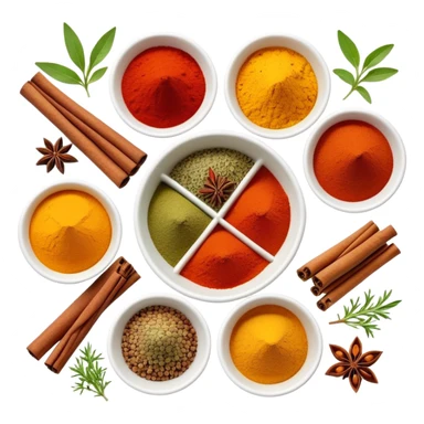 Assorted colorful spices in small bowls, including red paprika, yellow turmeric, green herbs, and brown cinnamon sticks sticker