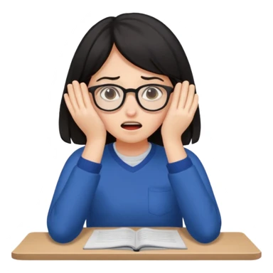 A dark-haired student panics during an exam, covering her face with her hands and not knowing what to do. sticker