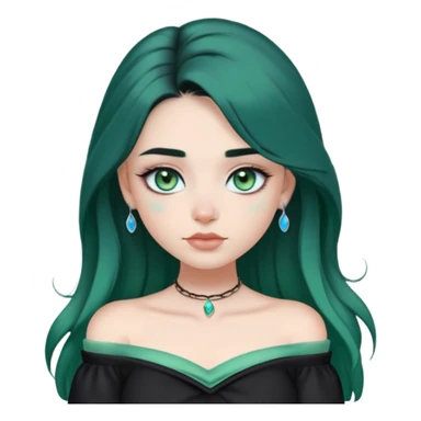 a soft, dolllike emoji girl with light sage green skin and big green-blue eyes, long black hair that swoops gently at the ends, a tiny silver nose stud and a eyebrow piercing on the left side. off the shoulder black top that shows her collarbones sticker