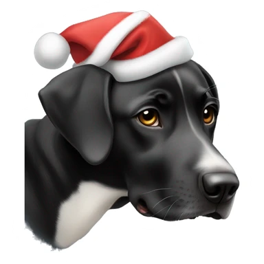Black lab with ears folded down and white patch on chest wearing a Santa hat sticker