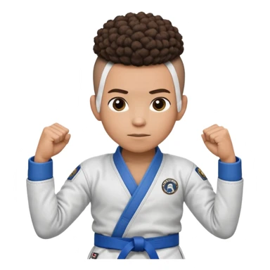 Mixed race boy BJJ instructor with pony tail afro hair and shaved bald sides haircut, Make the hair brown and the belt blue. Add the roger Gracie academy logo on the go also and the p logo of progress jiu jitsu on the right arm sleeve  at the top sticker
