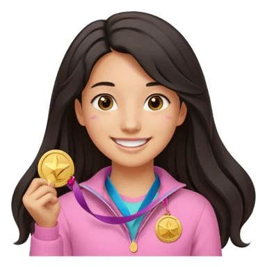 black haired girl wearing pastel pink with one medal, remove any hats, make her smile, make her hair longer, make her tan. no blue please and i said one medal only sticker